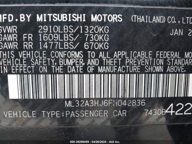 ML32A3HJ6FH042836 Mitsubishi Mirage De/rf