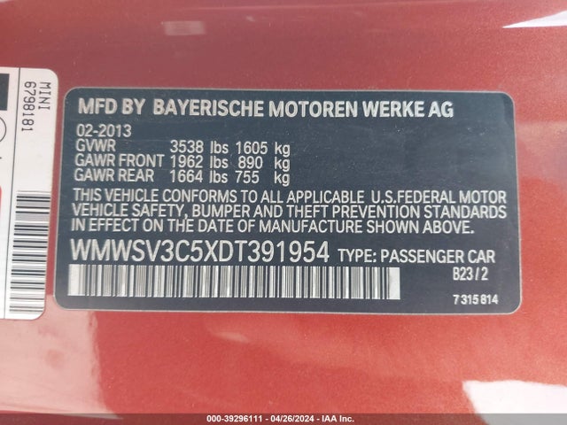 2013 MINI HARDTOP WMWSV3C5XDT391954 Photo 8