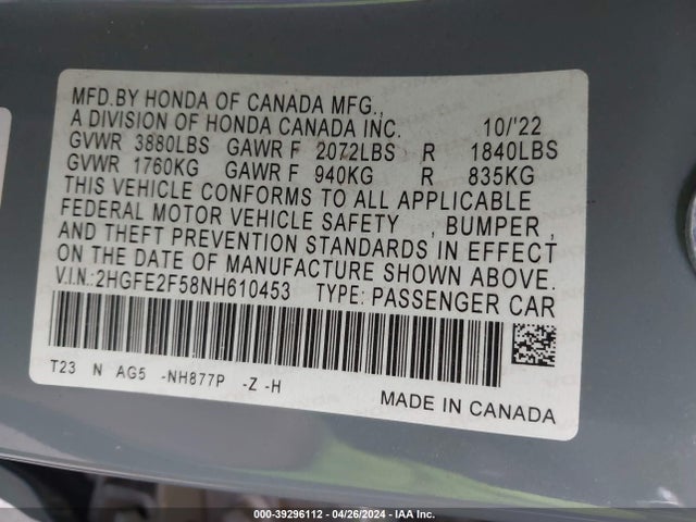 Honda Civic Sport 2022 2HGFE2F58NH610453 Image 9