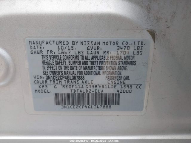 3N1CE2CP4GL367888 Nissan Versa Note S (sr)/s Plus/sl/sr/sv