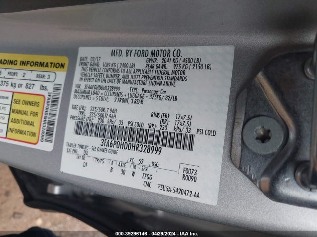 Ford FUSION SE 2017 3FA6P0HD0HR328999 Image 9