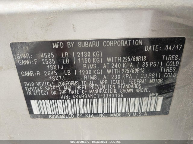 Subaru Outback 2.5i Limited 2017 4S4BSANC1H3383139 Image 9
