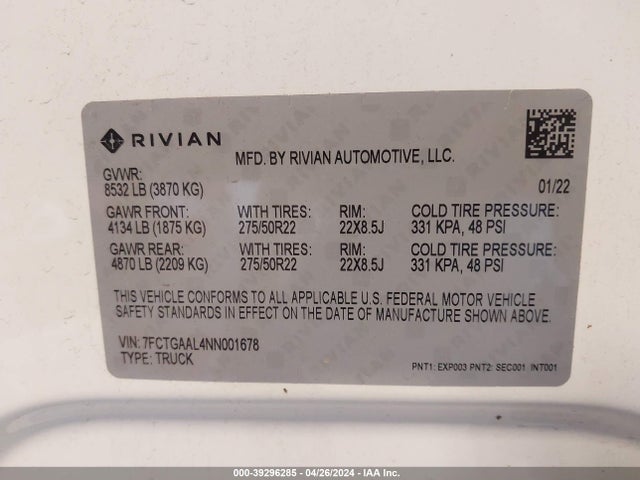 Rivian R1t Launch Edition 2022 7FCTGAAL4NN001678 Image 9