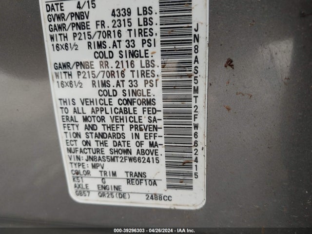 Nissan Rogue Select S 2015 JN8AS5MT2FW662415 Image 9