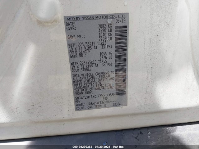 Nissan Rogue Sl 2019 5N1AT2MT1KC797769 Image 9