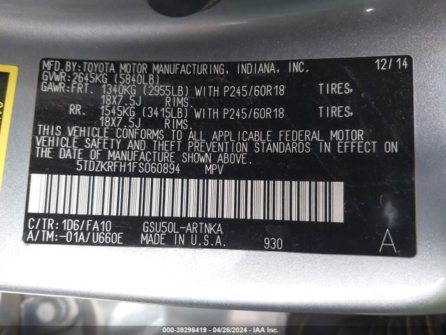 Toyota Highlander Le Plus V6 2015 5TDZKRFH1FS060894 Image 9