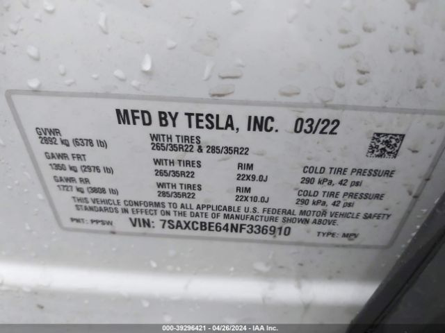 7SAXCBE64NF336910 Tesla Model X Plaid Tri Motor All-wheel Drive