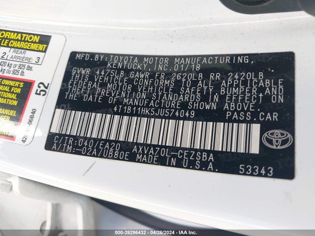 Toyota CAMRY SE 2018 4T1B11HK5JU574049 Image 9
