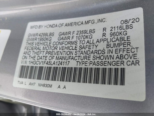 Honda ACCORD EX 2020 1HGCV1F45LA124117 Image 9