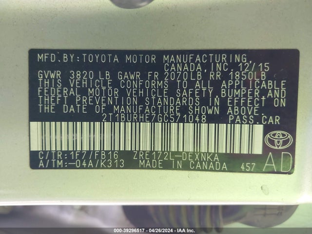 Toyota COROLLA LE 2016 2T1BURHE7GC571048 Image 9