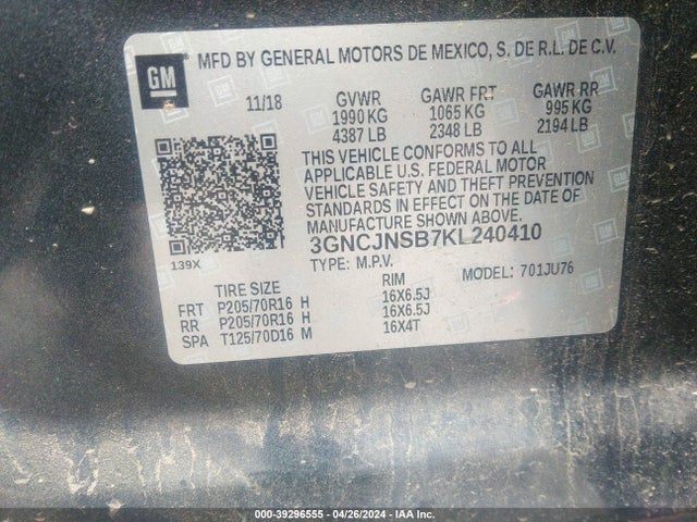 2019 Chevrolet Trax Ls მანქანა იყიდება აუქციონზე, vin: 3GNCJNSB7KL240410, აუქციონის ნომერი: 39296555