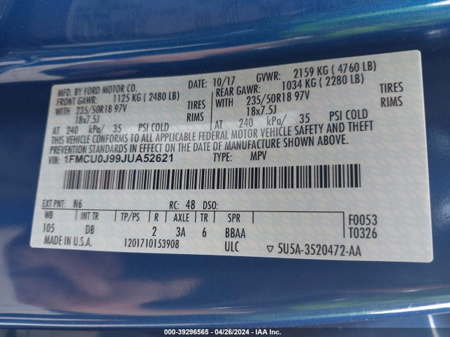 Ford Escape Titanium 2018 1FMCU0J99JUA52621 Image 9
