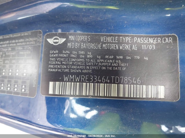 2004 MINI COOPER S WMWRE33464TD78546 Photo 8