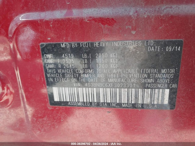 Subaru Legacy 2.5i Premium 2015 4S3BNBC6XF3023301 Image 9