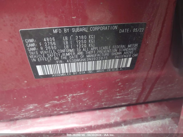 Subaru Legacy Limited Xt 2022 4S3BWGN63N3022075 Image 9