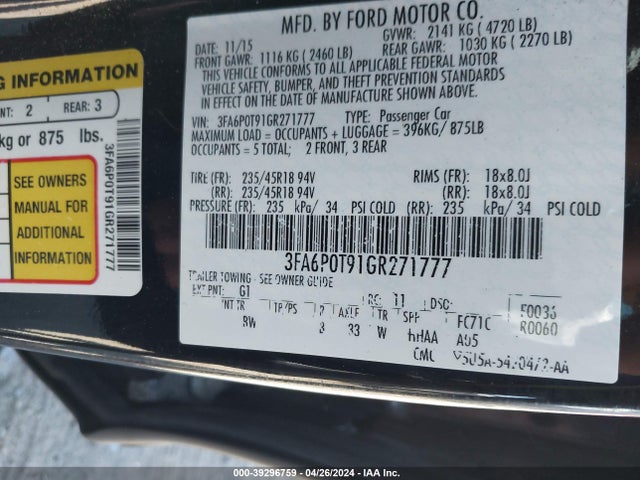 Ford FUSION SE 2016 3FA6P0T91GR271777 Image 9