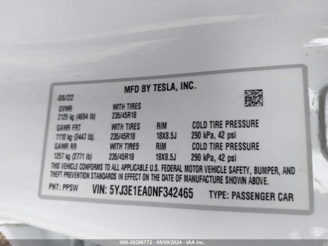 5YJ3E1EA0NF342465 Tesla Model 3 Rear-wheel Drive