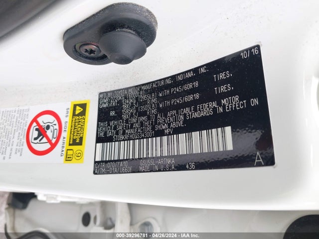Toyota Highlander Le Plus V6 2016 5TDBKRFH0GS343001 Image 9