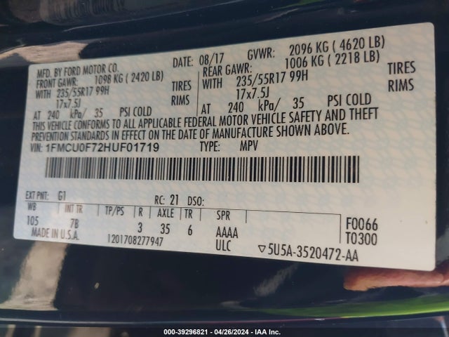 Ford ESCAPE S 2017 1FMCU0F72HUF01719 Image 9