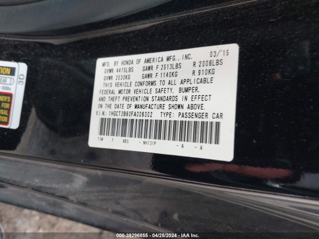 Honda Accord Ex-l V-6 2015 1HGCT2B80FA006002 Image 9