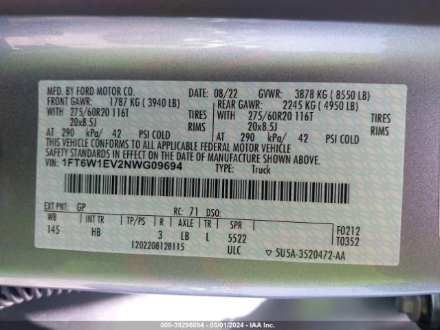1FT6W1EV2NWG09694 Ford F-150 Lightning Lariat