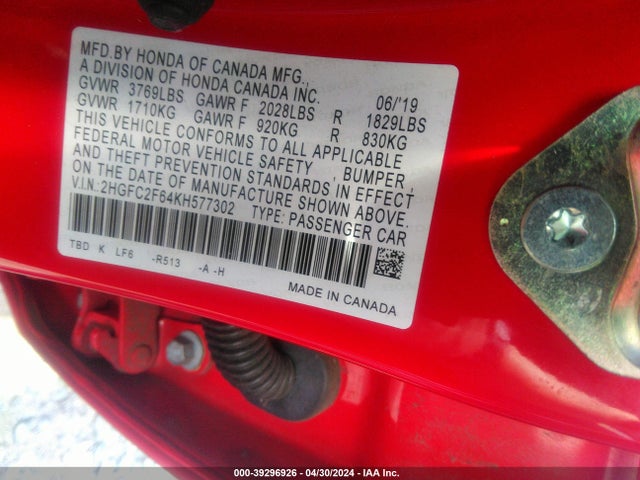 Honda Civic Lx 2019 2HGFC2F64KH577302 Image 9