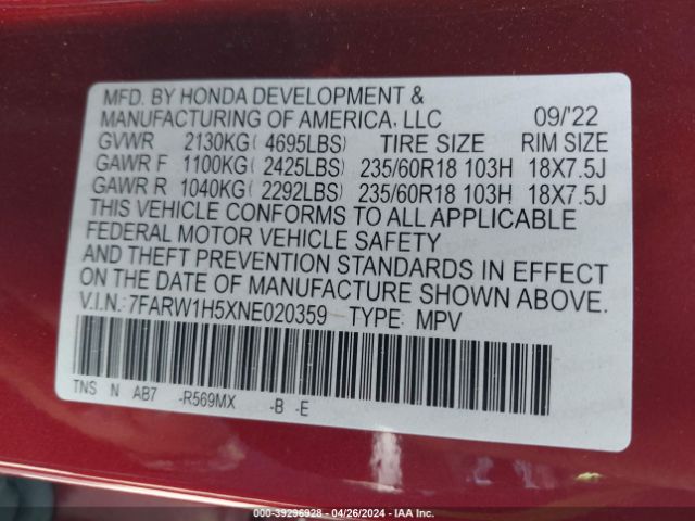 7FARW1H5XNE020359 Honda Cr-v 2wd Ex