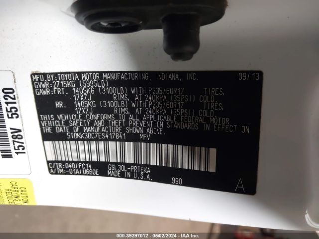 5TDKK3DC7ES417841 Toyota Sienna Le V6 8 Passenger