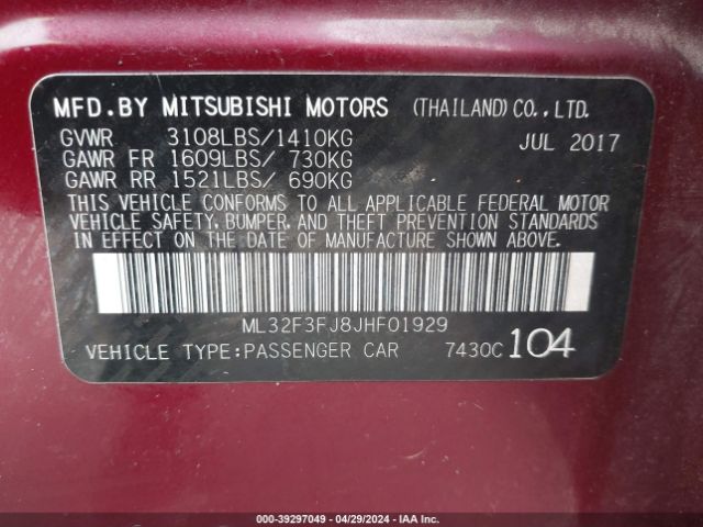 ML32F3FJ8JHF01929 Mitsubishi Mirage G4 Es