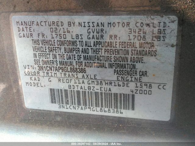 3N1CN7AP9GL868386 Nissan Versa 1.6 S/1.6 S+/1.6 Sl/1.6 Sv