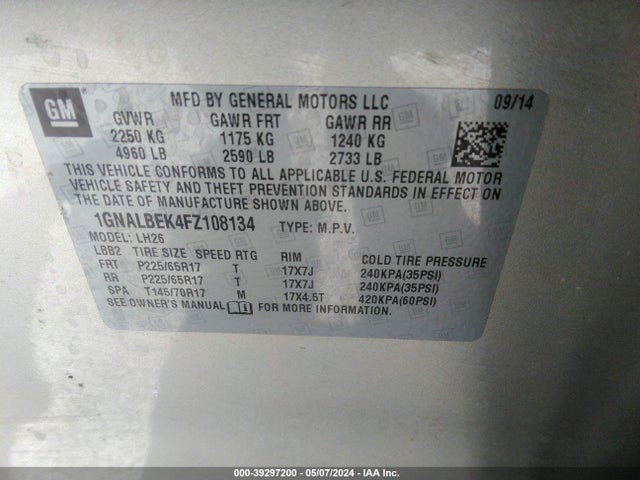 Chevrolet EQUINOX 1LT 2015 1GNALBEK4FZ108134 Image 9