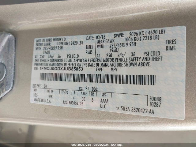 Ford ESCAPE SE 2018 1FMCU0GDXJUB85853 Image 9