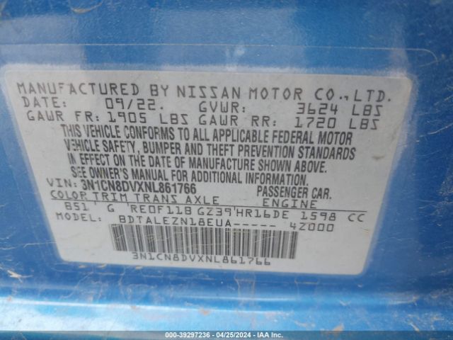 3N1CN8DVXNL861766 Nissan Versa 1.6 S Xtronic Cvt