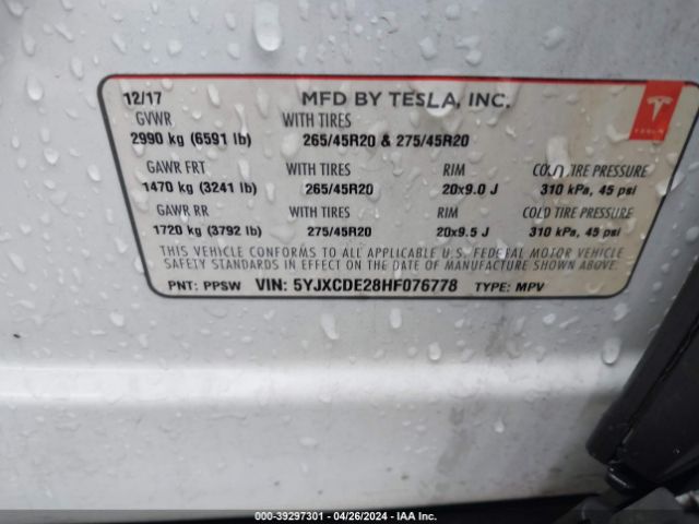5YJXCDE28HF076778 Tesla Model X 100d/75d/90d
