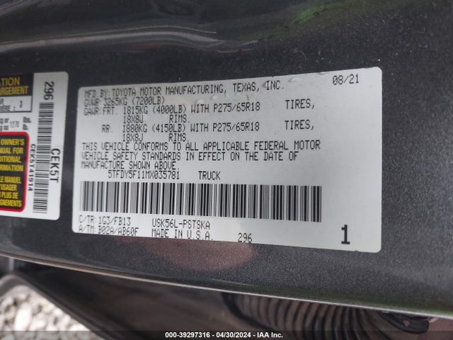 Toyota Tundra Sr5 2021 5TFDY5F11MX035781 Image 9