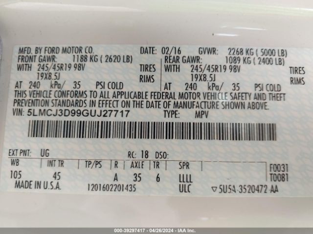 5LMCJ3D99GUJ27717 Lincoln Mkc Reserve