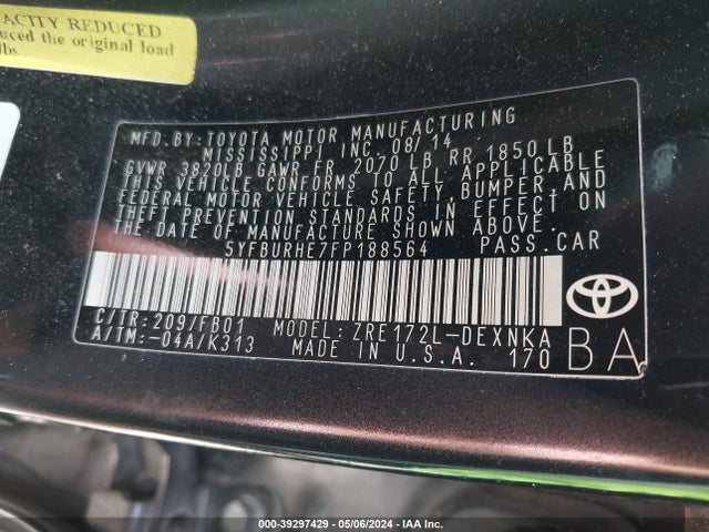 Toyota COROLLA LE 2015 5YFBURHE7FP188564 Image 9