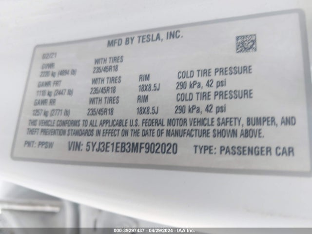 Tesla Model 3 Long Range Dual Motor All-wheel Drive 2021 5YJ3E1EB3MF902020 Image 9