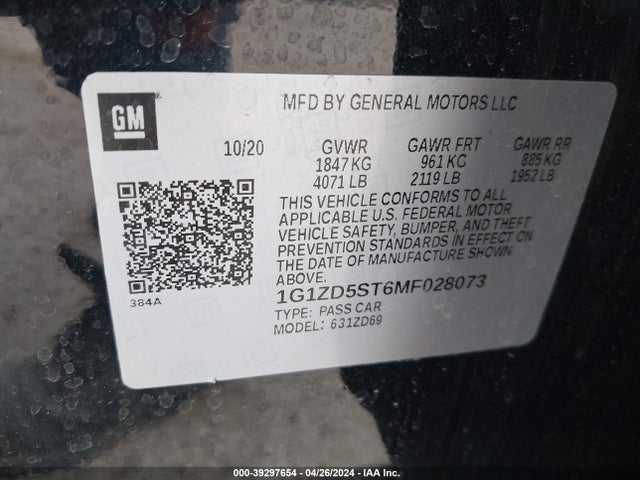2021 Chevrolet Malibu Fwd Lt მანქანა იყიდება აუქციონზე, vin: 1G1ZD5ST6MF028073, აუქციონის ნომერი: 39297654