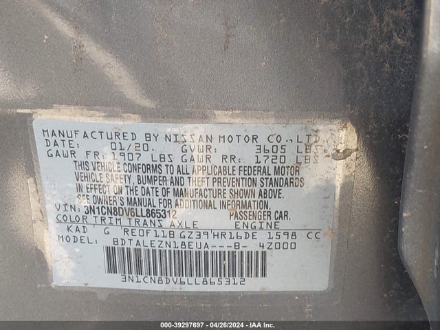 Nissan Versa S Xtronic Cvt 2020 3N1CN8DV6LL865312 Image 9