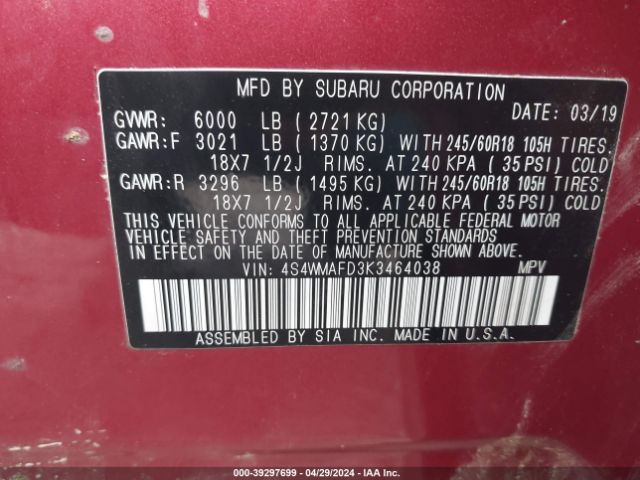 4S4WMAFD3K3464038 Subaru Ascent Premium