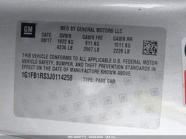 Chevrolet Camaro 1lt 2018 1G1FB1RS3J0114258 Image 9