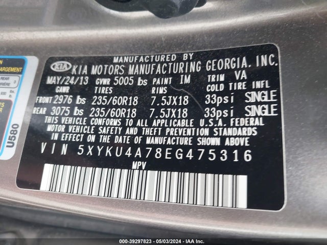 KIA Sorento Ex V6 2014 5XYKU4A78EG475316 Image 9