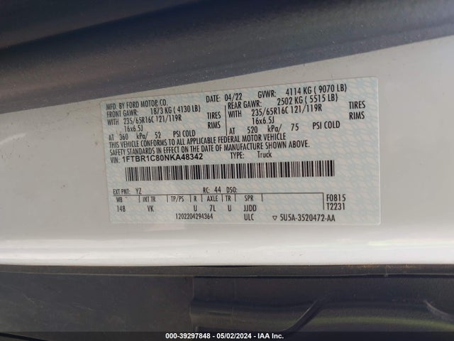 Ford Transit-250 2022 1FTBR1C80NKA48342 Image 8