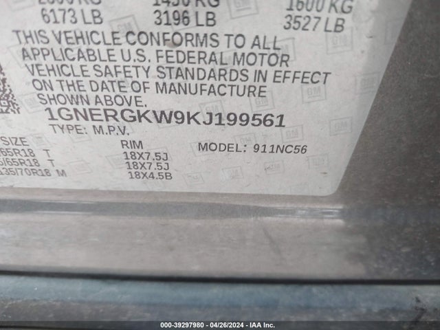 Chevrolet Traverse 1lt 2019 1GNERGKW9KJ199561 Image 9