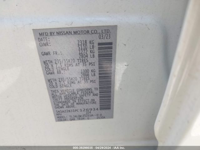 5N1AZ2BJ1PC126934 Nissan Murano Sv Fwd