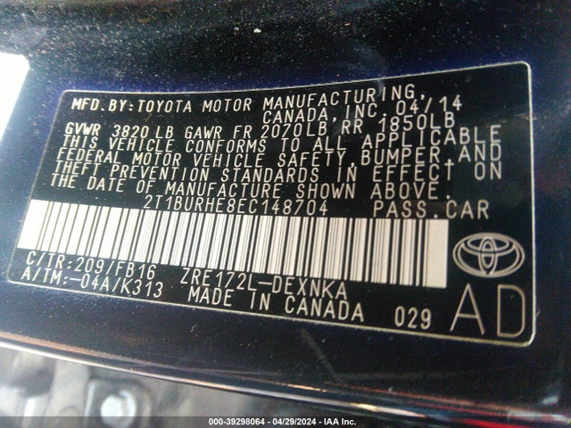 Toyota COROLLA LE 2014 2T1BURHE8EC148704 Image 9