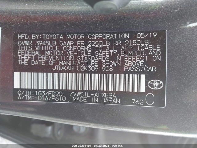 Toyota Prius Le 2019 JTDKARFU2K3091908 Image 9
