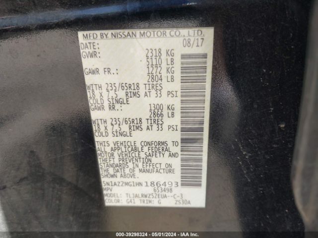 5N1AZ2MG1HN186493 Nissan MURANO SL