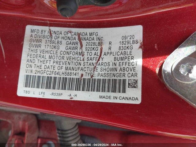 Honda Civic Lx 2020 2HGFC2F64LH588141 Image 9